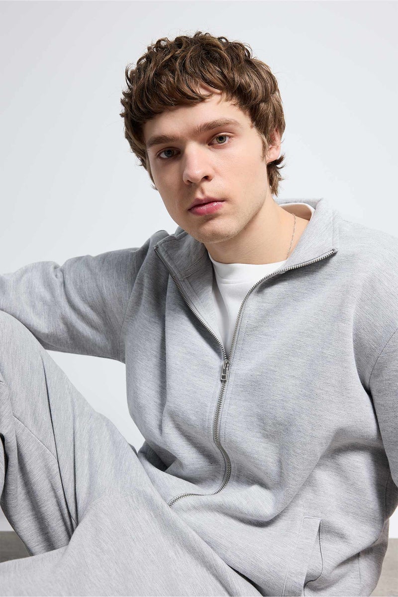 DeFacto Grey Man High Neck Zip-Up Sweatshirt Casual - Image 3